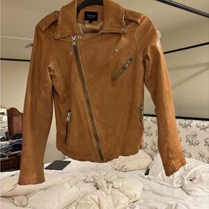 Lamarque Cognac Leather Asymmetric Moto Jacket